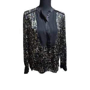 Rebecca Taylor Print Blouse Black Partial Button Popover Elegant 6 New w/o Tag